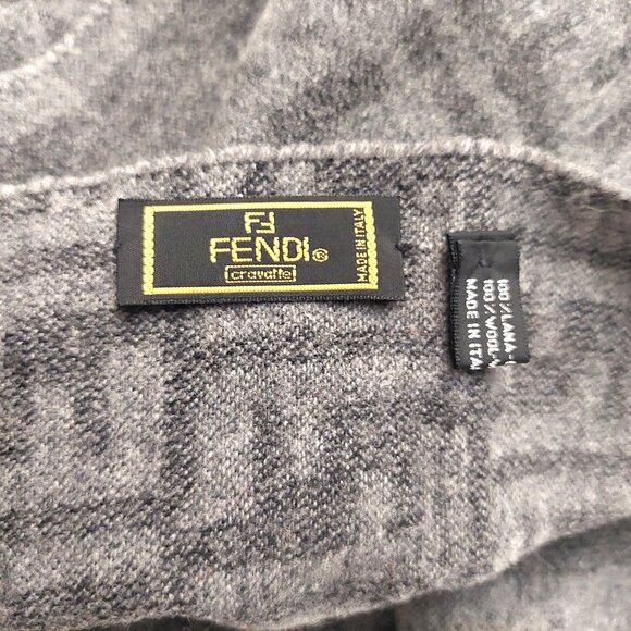 Vintage FENDI Dark Gray & Light Gray Monogram & Stripe Wool Scarf Fringes - Picture 6 of 7